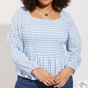 Torrid Rayon Slub Smocked Bodice Long Sleeve Crop Blouse